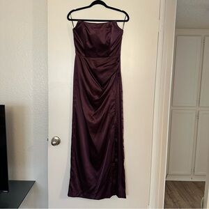 NWT Tia Dorraine Satin Ruched Floor Length Formal Gown Slit Eggplant Strapless